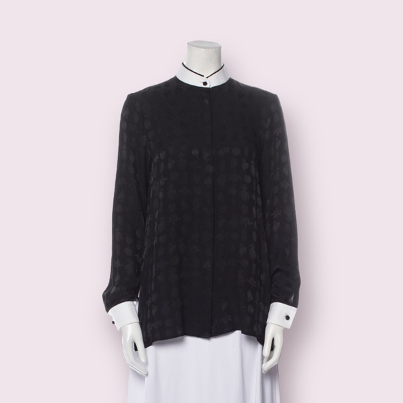The Row Silk Blouse Black Long Sleeve Jacquard White Mock Neck Collar Size 6 - Picture 3 of 15